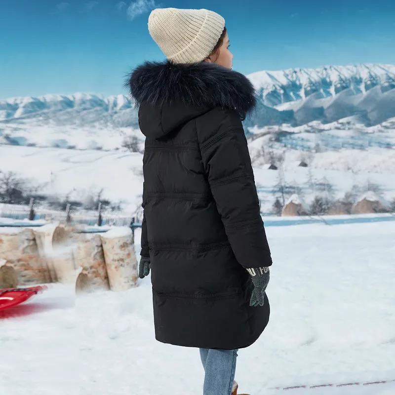 Children's White Duck Down Jacket Girl Mid-length Warm Winter Clothes Plus Fleece Padded Jacket