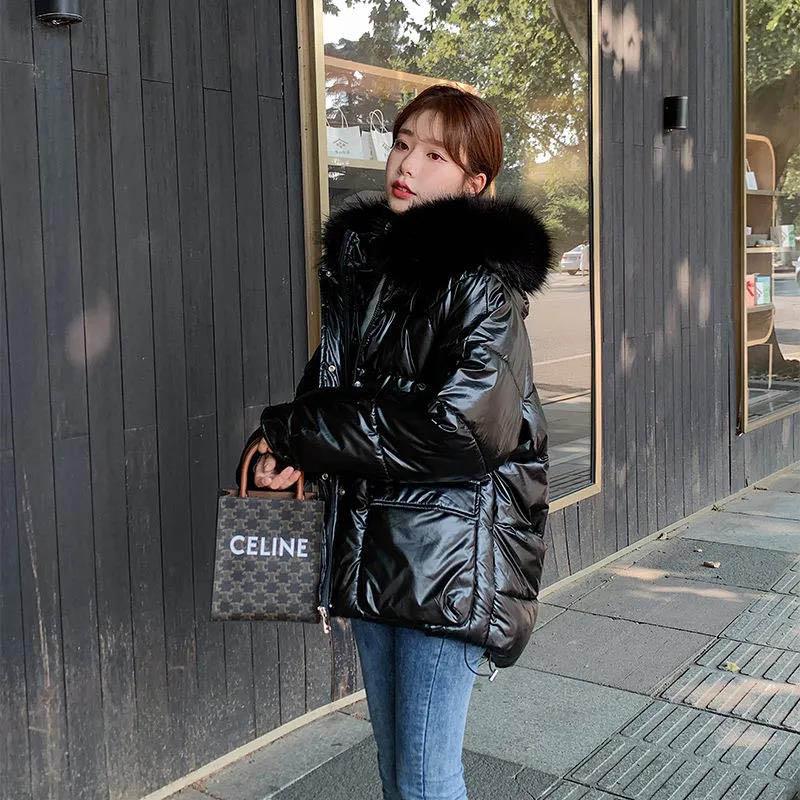 Winter Women's Cotton-padded Jacket Short Section Thickened Big Fur Collar for Girls Shiny Cotton-padded Jacket Warm Jacket