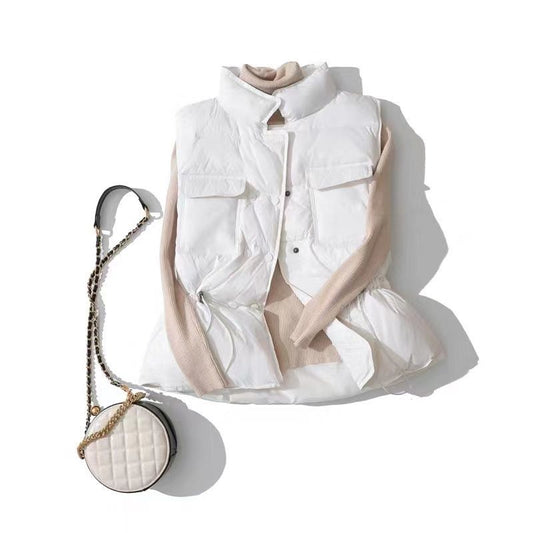 Women's Padded Down Vest Short Waist Stand-up Collar Coat White Duck Down Drawstring Pocket Waistcoat Vest Waistcoat
