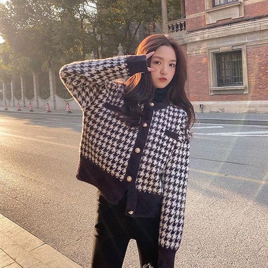 Top Women's Autumn Small Fragrant Wind Sweater Cardigan Jacket Short Plaid Mink Fleece Sweater