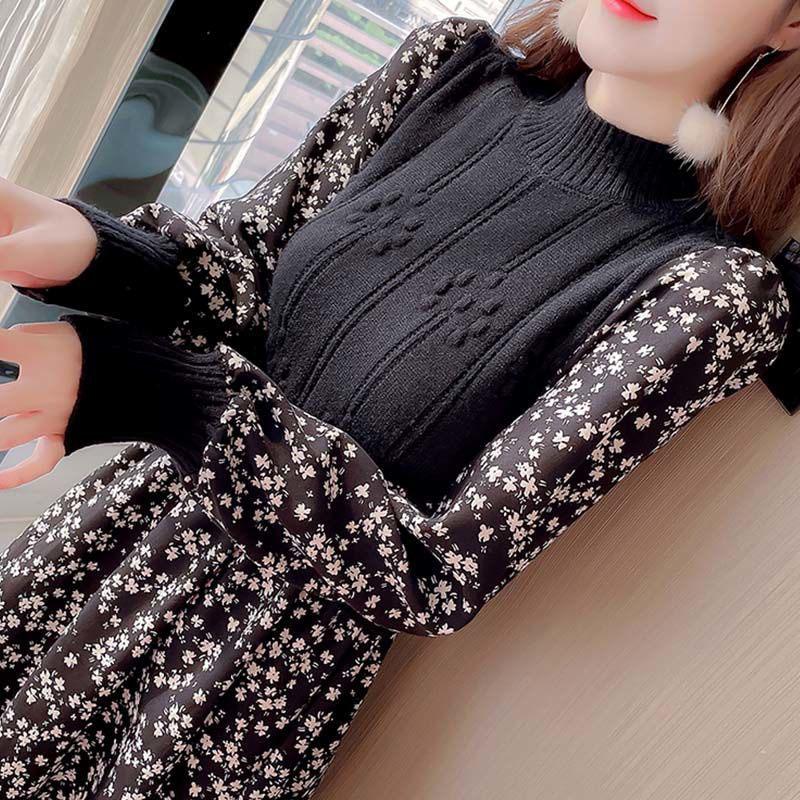 Women's Autumn and Winter Sweet Lady Stitching Knitted Long Dress Long Sleeve Half High Collar Women Casual Floral Print Elegant  Dress