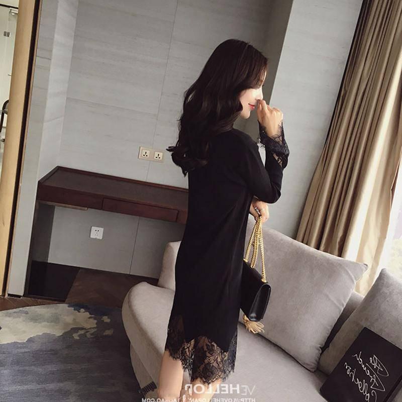 Pofulove 5 Colors Elegant Slim Waist Sweater Dress Sweet O-neck Lace Knitted Long Pullover Skirt