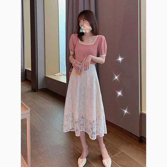 Two Piece Skirt Set Women's Short Sleeve T-Shirt Lace High Waist A-Line Skirt Mid Length Casual Elegant Summer Skirt Set Hollow Flower Embroidered