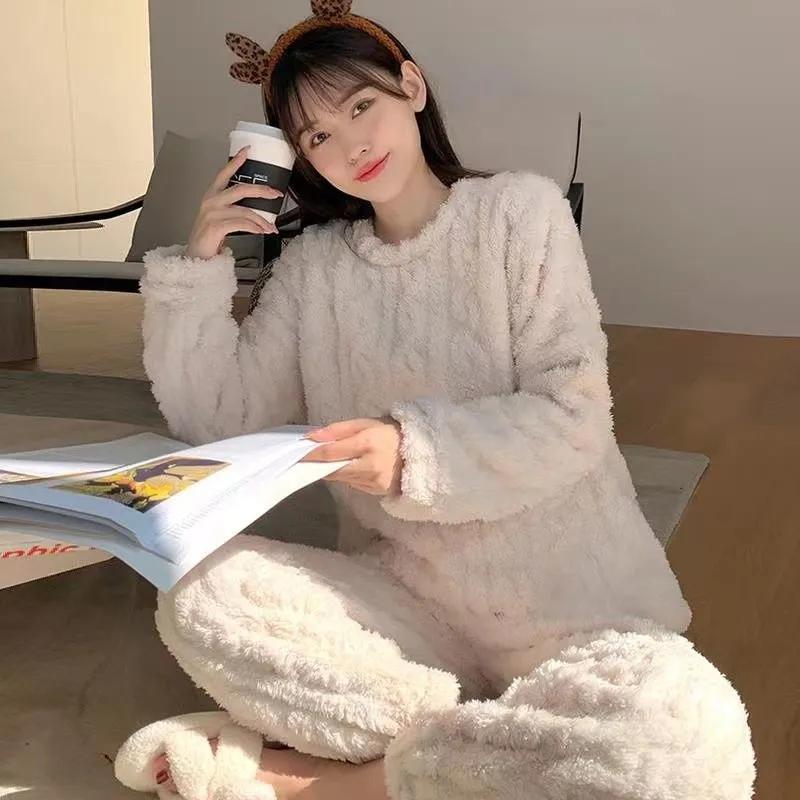 Women's Crochet Pajamas Set Plus Velvet Long Sleeves Flannel Coral Suit Home Wear Solid Color Loose Pajamas Pants Two-piece Set