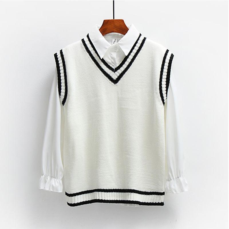 British Style College Style Sweater Vest Women Loose Wild Striped V-neck Sweater Vest Women's Jacket Thin Sleeveless Sweater