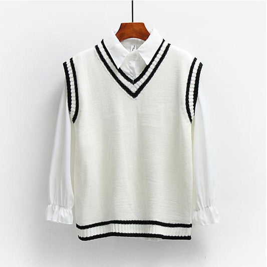 British Style College Style Sweater Vest Women Loose Wild Striped V-neck Sweater Vest Women's Jacket Thin Sleeveless Sweater