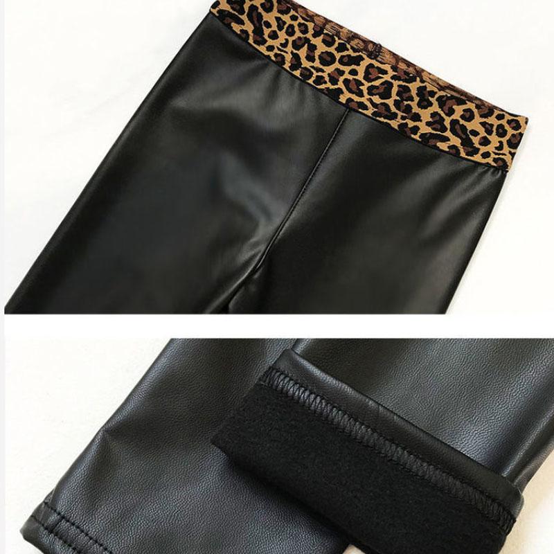 Autumn/winter Leather Pants Women's Outer Wear Thin Velvet Medium-thick Leopard Print Waist  Wide Waist Thinner Large Size Stretch Tights Leggings