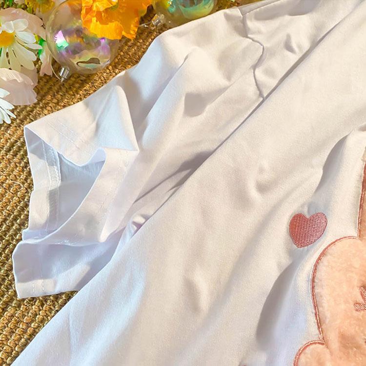Rabbit Embroidery Cotton Women's Summer Round Collar  Tees Loose Breathable Short Sleeve Harajuku All-match T Shirt Tops