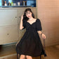 Women's Summer Puff Sleeve Dress Slim Solid Color V-neck A-line Skirt