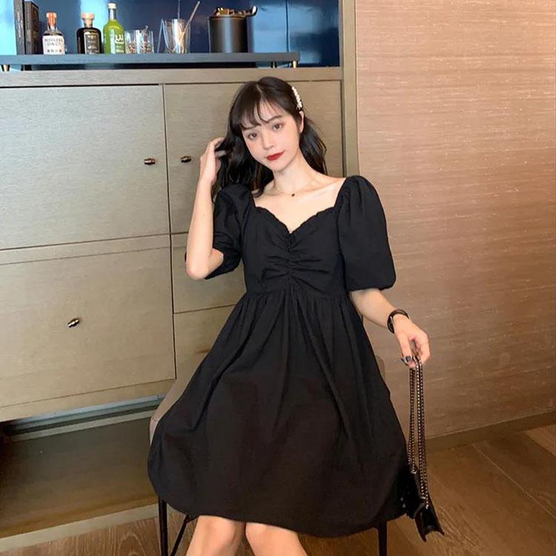 Women's Summer Puff Sleeve Dress Slim Solid Color V-neck A-line Skirt