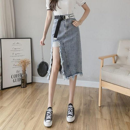 High-waist Denim Skirt Female Spring  Summer Looks Thin Split Split Hole Mid-length Hip Skirt  A-line Skirt