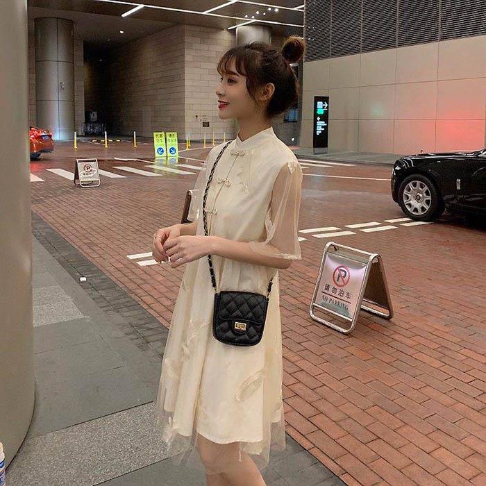 Pofulove S-4XL Women O-neck Feather Mesh Dress Loose Slim Sweet Short-sleeved Dress Short Cheongsam