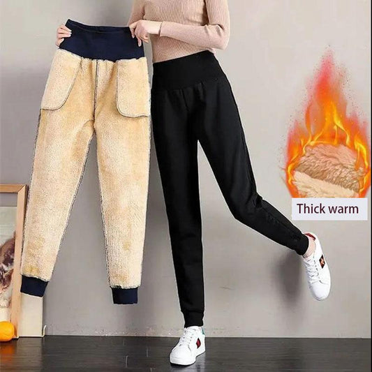 High-waisted Plus Velvet Padded Sports Pants Women's Loose Autumn and Winter Casual Pants Lamb Velvet Outer Wear Trousers Warm Cotton Trousers