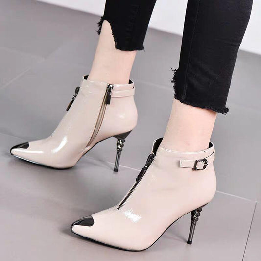 Female Autumn and Winter High Heels PU Upper Metal Decoration Pure Color Stiletto Pointed Toe Boots