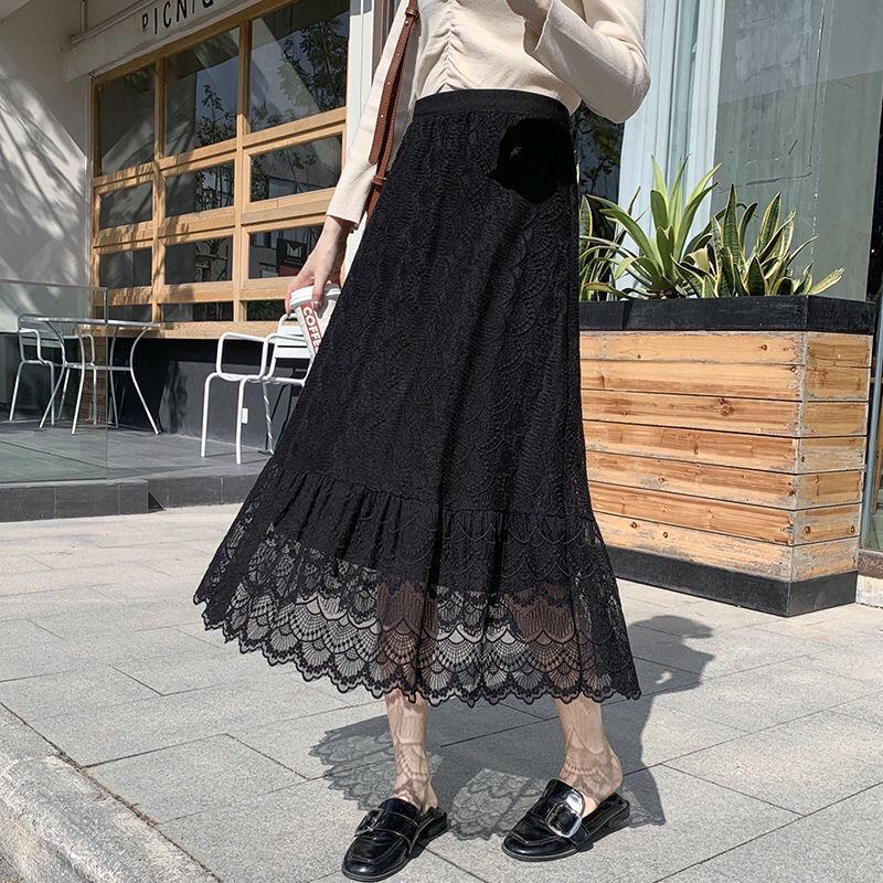 Spring Summer Long Skirt Women Clothing 2020 Flower Embroidered Lace Mesh Skirts Sweet Pleated Tulle Skirt Faldas Saias