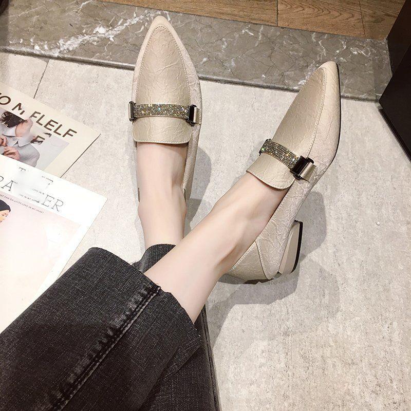 Pointed Shallow Mouth Rhinestone Belt Two Wear Single Shoes Women's Shoes Black Professional Work Shoes Low Heel Leather Shoes