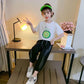 Girls Summer Green Printed Short Sleeves + Low Waist Beam Ninth Pants Loose Casual Simple Style Children's Thin Two-piece Set