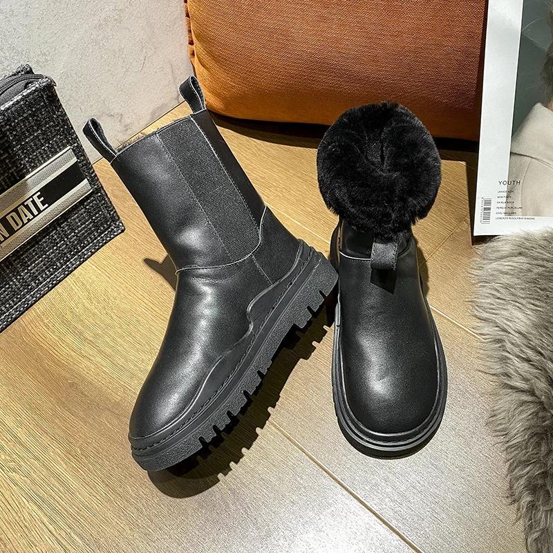 Women Boots Winter Shoes Black White Fur Boots Leather Snow Boots Plush Warm Ankle Booties Platform Chunky Boots