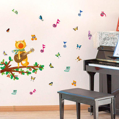[sticker ]Cartoon Cat Play The Guitar Wall Stickers For Kids Rooms Children Room Nursery Bedroom Ho
