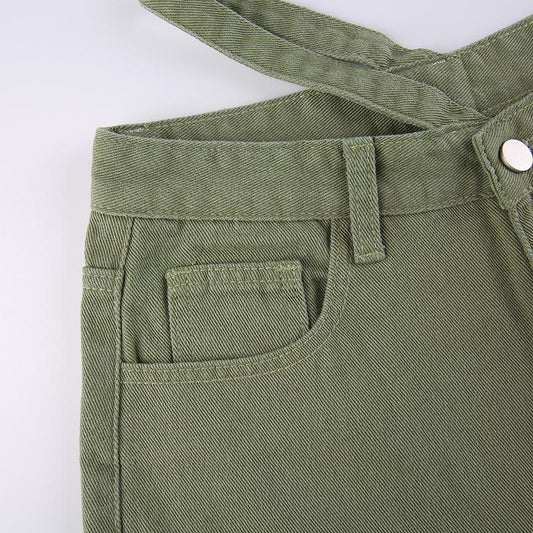 Retro High Street Pine Green Gradient Asymmetrical Sexy Leak Design Jeans Female High Waist Loose Ground Trousers
