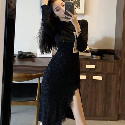 Ladies V-neck Long Sleeve Sexy Hem Wrapped Hem Irregular Banquet Office Dinner Party Dress Dress
