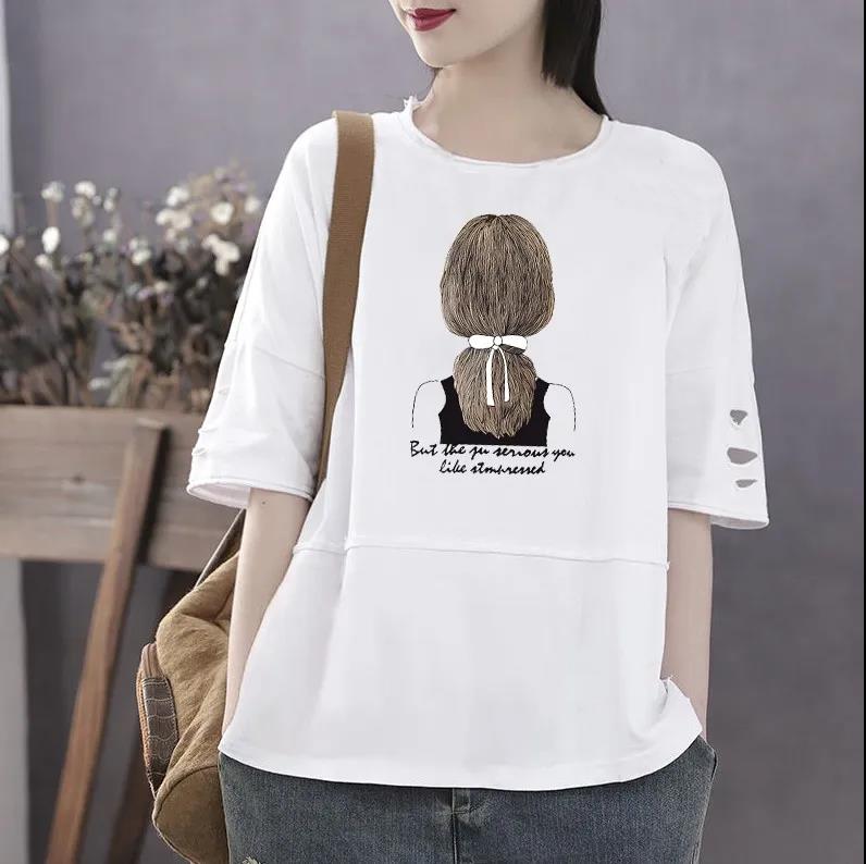 Large Size Women Cotton T-shirt Summer Short Sleeve Shirt Girl Back Print Casual Pullover