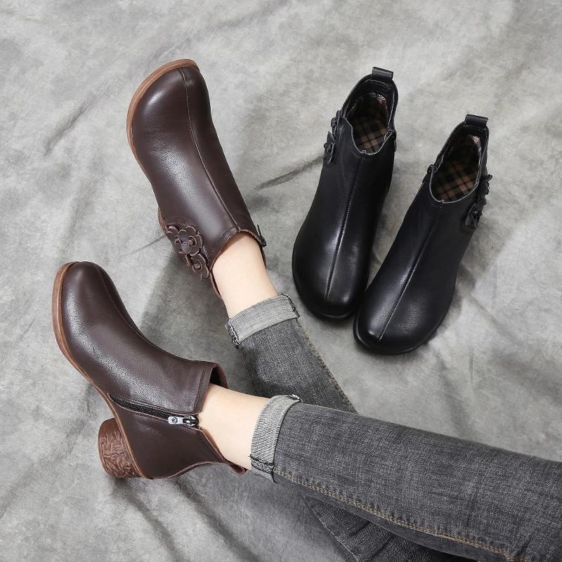 Women's Autumn and Winter Cowhide Plus Cashmere Martin Boots Waterproof Non-slip High Heels Out High Heel Ankle Boots Soft Mother Shoes
