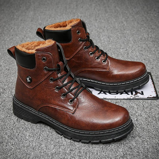 Autumn and Winter Men's High-top Boots Plus Velvet Warm Tooling Boots Outdoor Waterproof Anti-ski Leather Boots Men's Martin Boots
