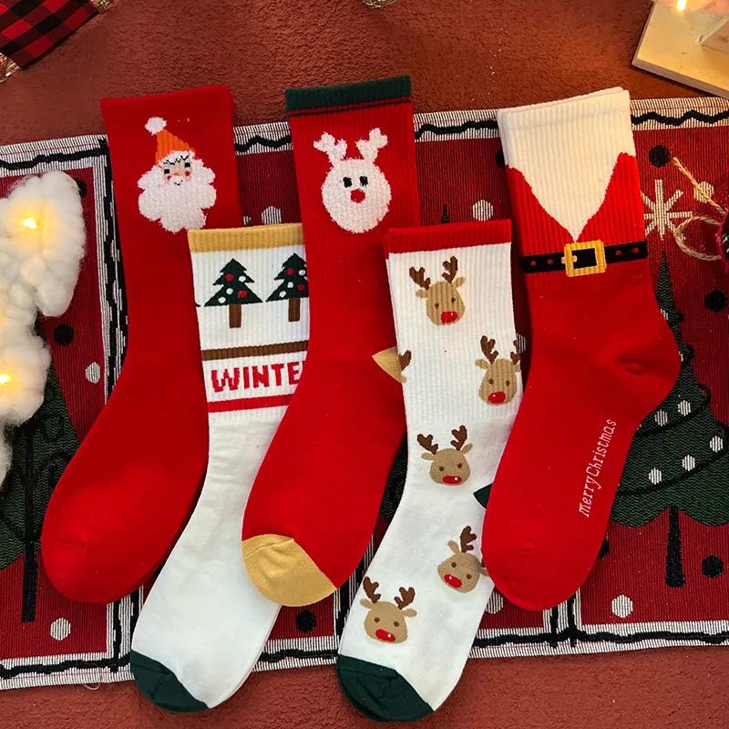 Five Pairs of Red Christmas Socks Long Tube All-match Cute Cartoon Cotton Socks