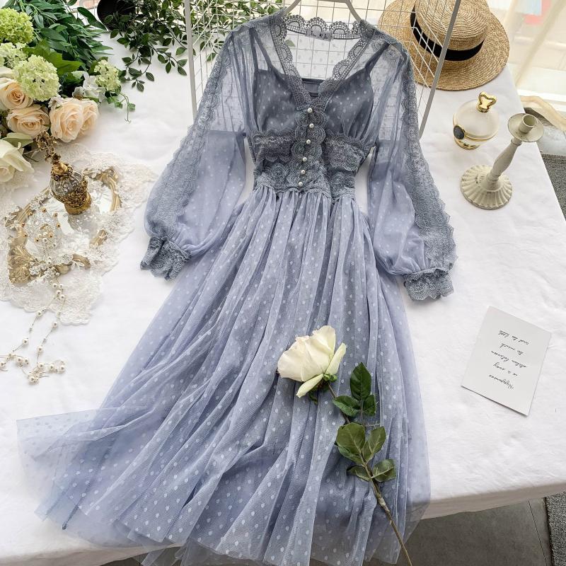 Women Casual Elegant Dress Hollow Out Lace Dress High Waist Two Pieces V Neck Lace Hollow Out Slim Midi Dress Backless Maxi Dress