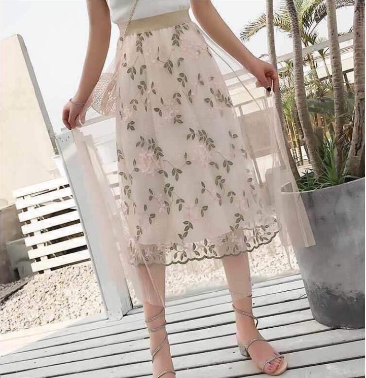 Long Lace Skirt Pink/gray/apricot Midi Ladies Skirt Women High Waist Korean Skirt Elastic Waist Long Skirt Clothes