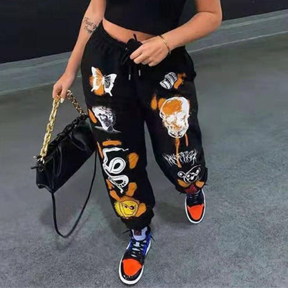 Women Sweat Pant Harajuku Cartoon Printed Trousers Jogger Drawstring Cargo Pant Streetwear Casual Sweatpant Spring Autumn