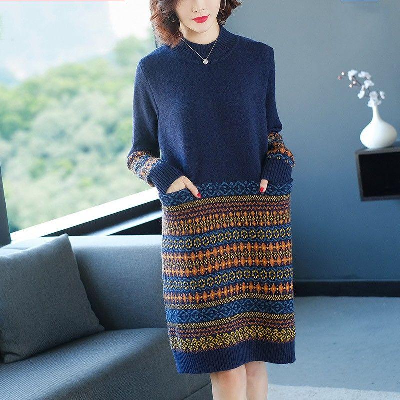 Women's Retro Rhombus Printed Sweater Long Jacquard Knitted Dress Pullover Sweater Dress with Pockets for Bottoming or Outer Wear