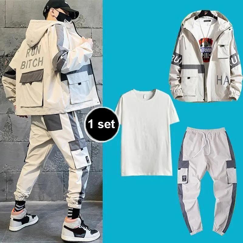 Three-piece Men's Spring and Autumn Sports Suit Youth Casual Work Clothes Jacket Tooling Suit Hooded Casual Sportswear
