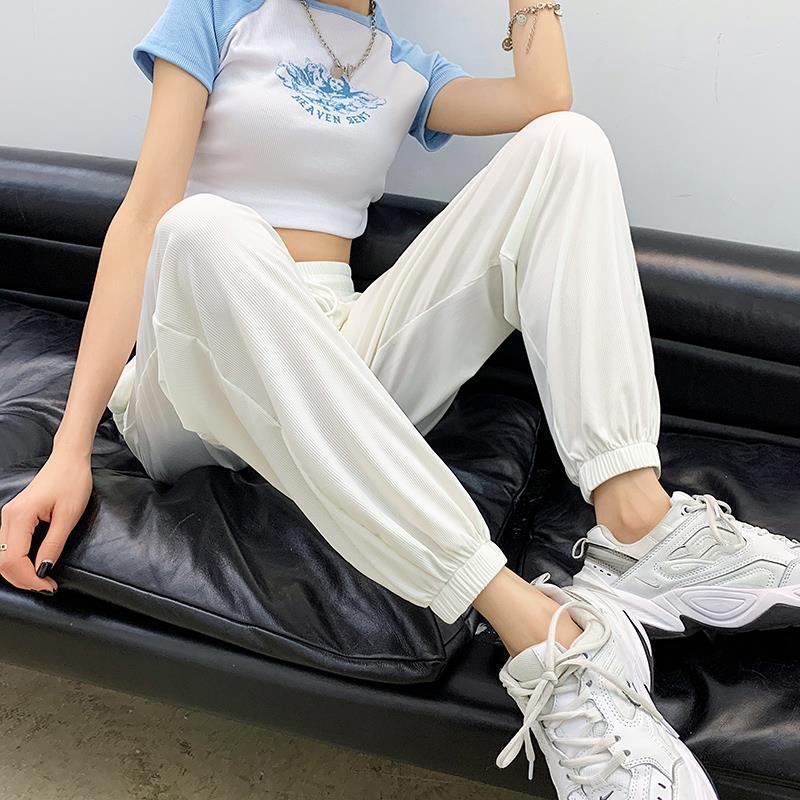 White Ice Silk Sports Pants Women's Summer Thin Section Loose and Thin Nine-point Beam Foot Casual Lantern Pants