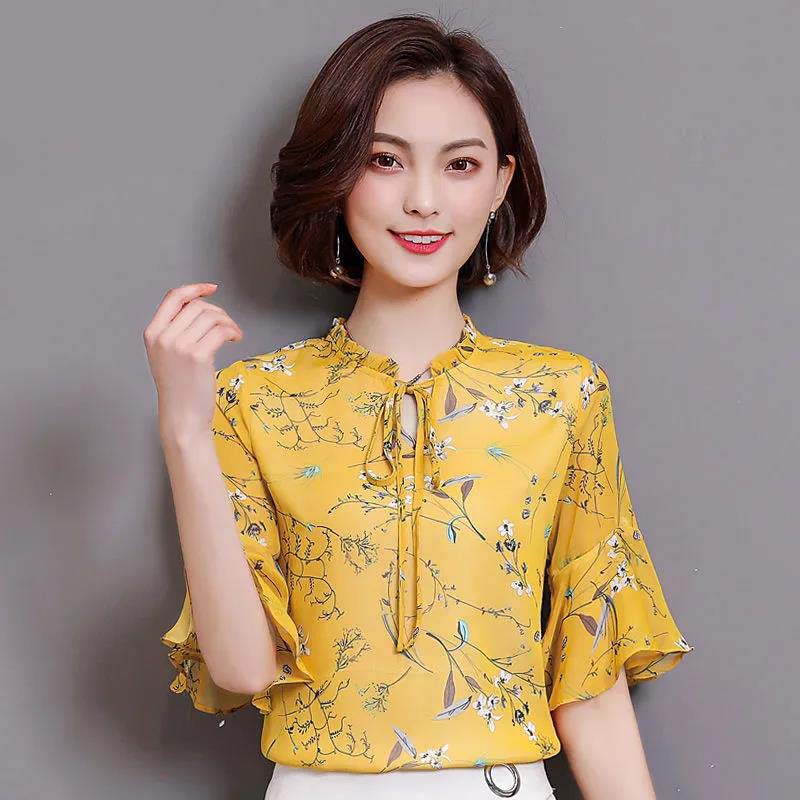 Women's Spring and Autumn Chiffon Short Sleeve Top Tie Bow Print T-Shirt