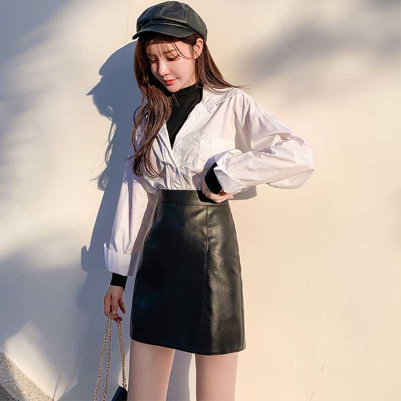 Sexy Leather Skirt Glossy PU Leather Women's Short Solid Zipper Mini Skirt Mid Waist A-line Skirts