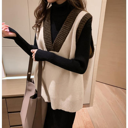 Autumn and Winter Retro Color Matching Vest V-neck Pullover Sleeveless Sweater Loose Casual Top