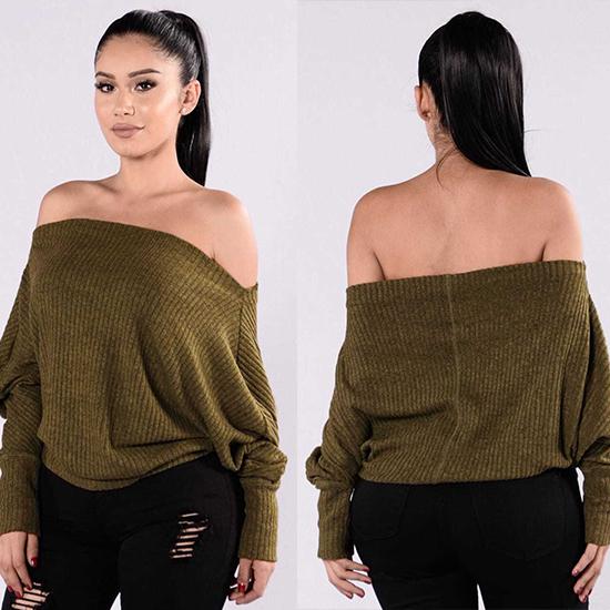 Pofulove Sexy Lady Off-the-shoulder Sweater Solid Color Knitwear Long Sleeve Loose Pullover Jumper