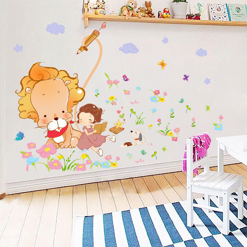 [Wall sticker ]Lion Girl In The Flowers Wall Stickers For Kids Rooms Nursery Baby Bedroom Children D