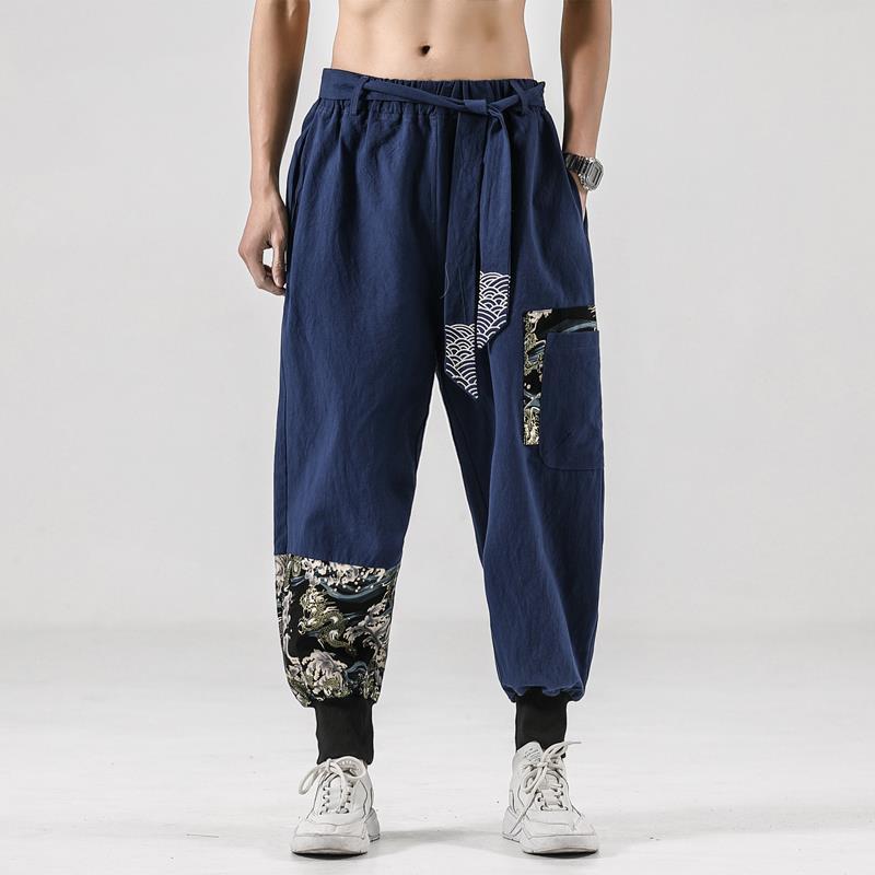 Chinese Style Linen Cotton Casual Pants Embroidery Tooling Bloomers Male Hip-hop Retro Style Tang Suit