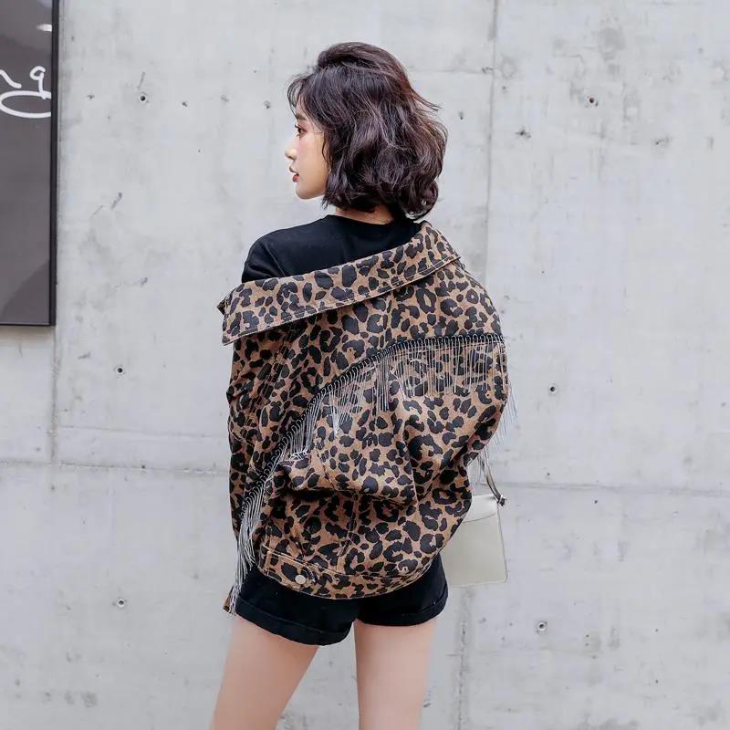 Female Autumn Tassel Leopard Print Denim Short Coat Women's Spring Large Size Loose Long Sleeve Lapel Jacket