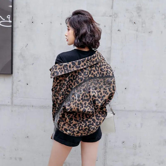 Female Autumn Tassel Leopard Print Denim Short Coat Women's Spring Large Size Loose Long Sleeve Lapel Jacket