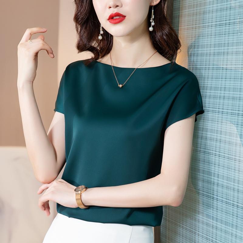 Women Satin Blouse High-end Fashion Short Sleeve Silky Temperament T Shirt Casual Tops