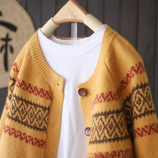 National Style Raglan Sleeve Knit Cardigan Jacquard Sweater Spring and Autumn Retro Lazy Style V-neck Long-sleeved Warm Sweater Jacket