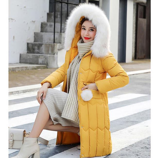 Winter Ladies Down Padded Jacket Mid-length Fur Collar Hooded Down Padded Jacket Slim Hooded Padded Warm Parka Coat