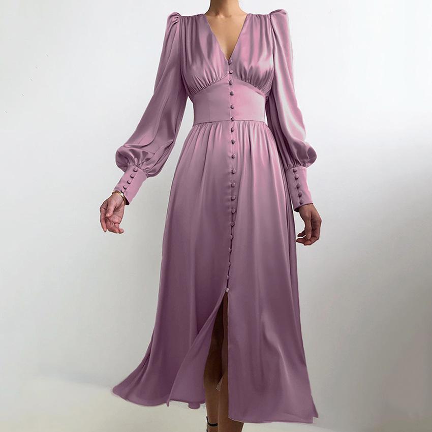 Single Breasted Sexy Dress Party Clud High Waist Satin Long Dress Elegant V Neck Women Midi Dresses Lantern Sleeve