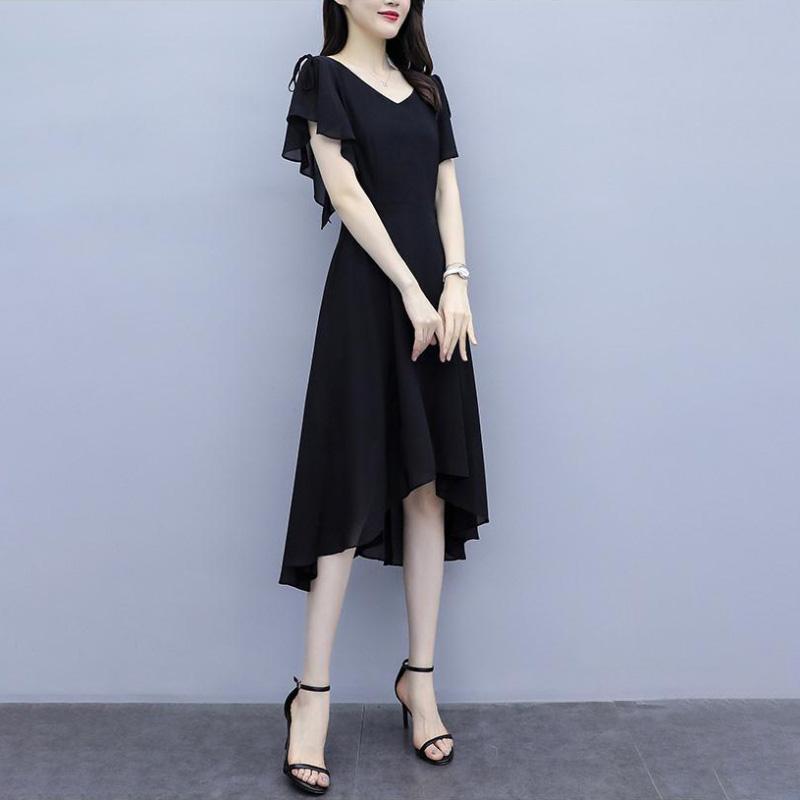 Summer Fashion Black Dress Loose Large Size Casual Slim Chiffon Dress Ruffled Short-sleeved Over-the-knee Skirt