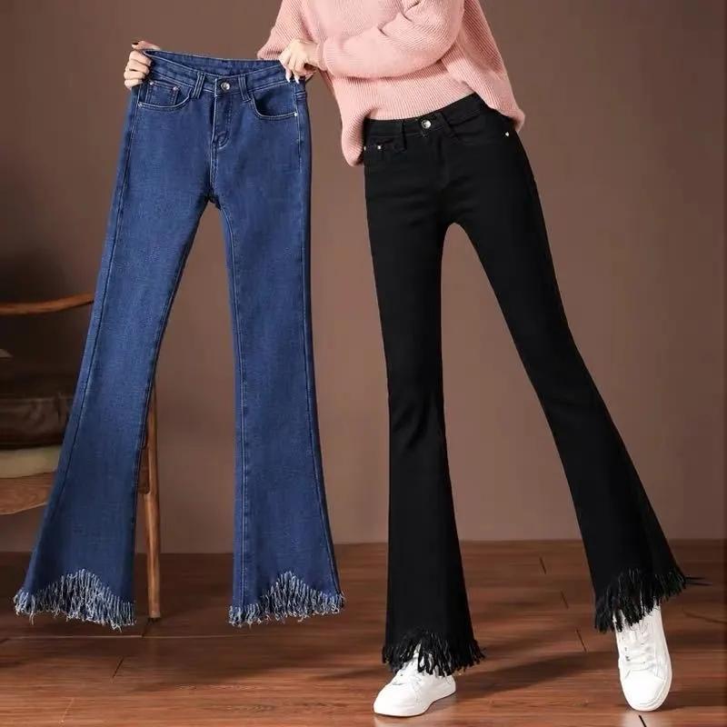 Slim Flared Denim Pants Women's Plus Size Denim Jeans Trousers Summer High Waist Sliming Fit Loose Tassel Denim Pants