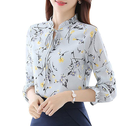Fashion Floral Tops Blouses Women Long Sleeve Shirts Print Chiffon Blouse Women